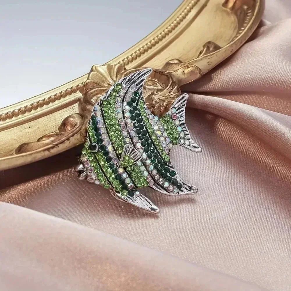 Colorful Silvertoned Tropical Fish Rhinestone Brooch Pin 1.7"